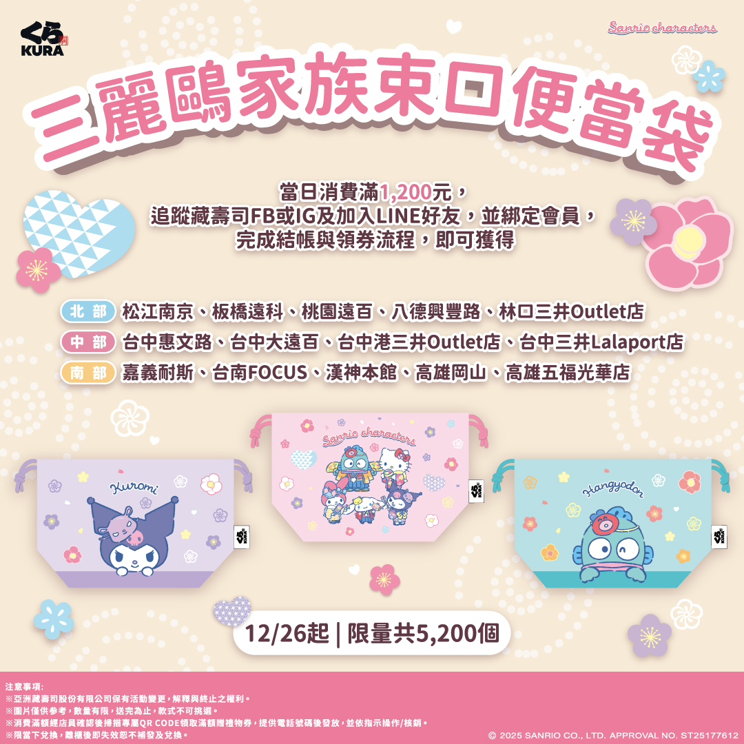 三麗鷗藏壽司 滿額贈特點 束口便當袋