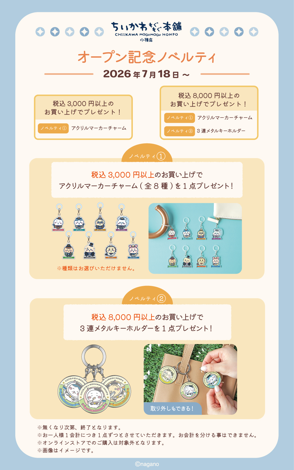 《吉伊卡哇 MOGUMOGU 本舖》小樽店開幕特典分兩階段！滿額送吊飾與鑰匙圈