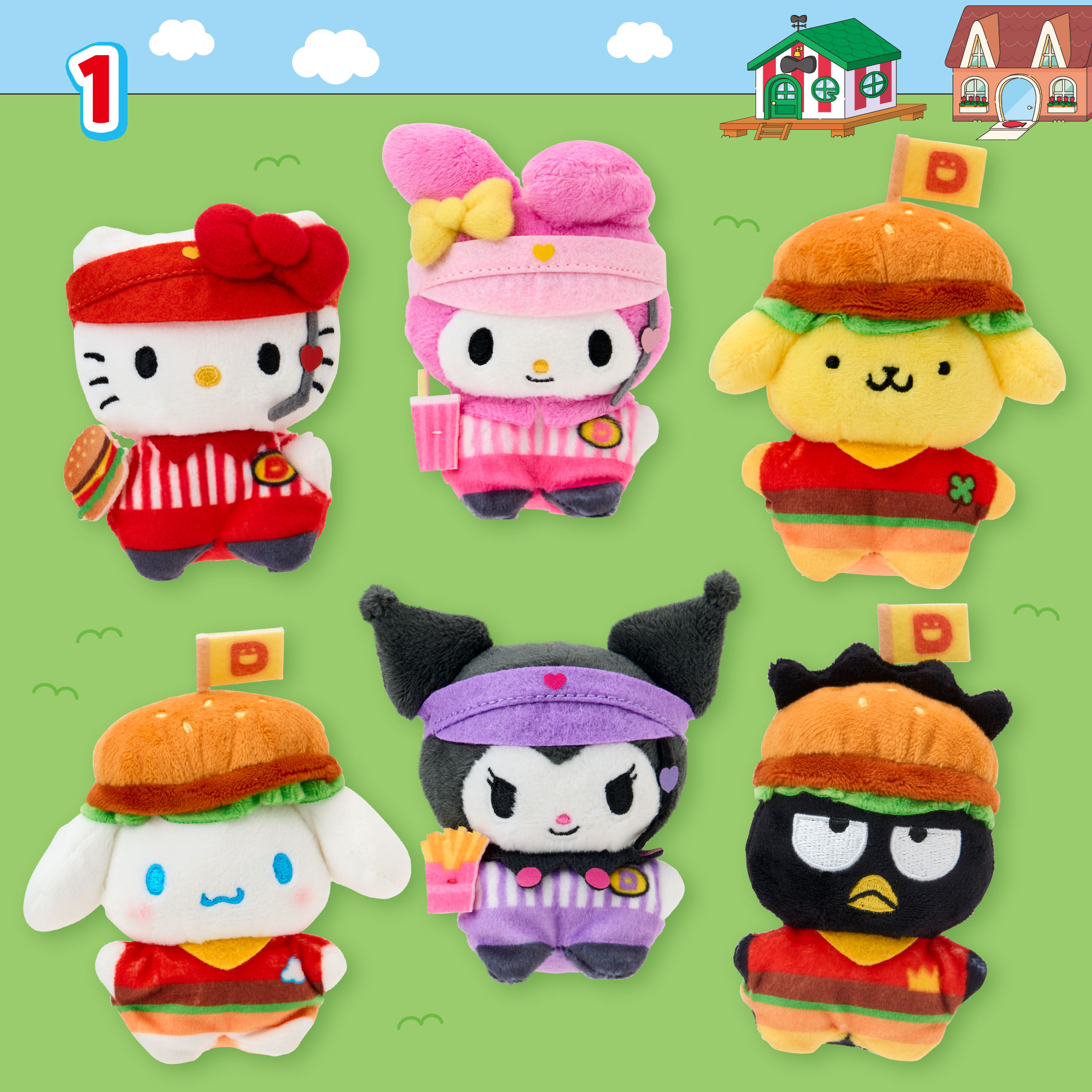 《Super Cute Adventures 三麗鷗超級可愛大冒險》「絨毛系列」迷你絨毛玩偶第一彈登場!六位明星人氣角色變身漢堡店店員