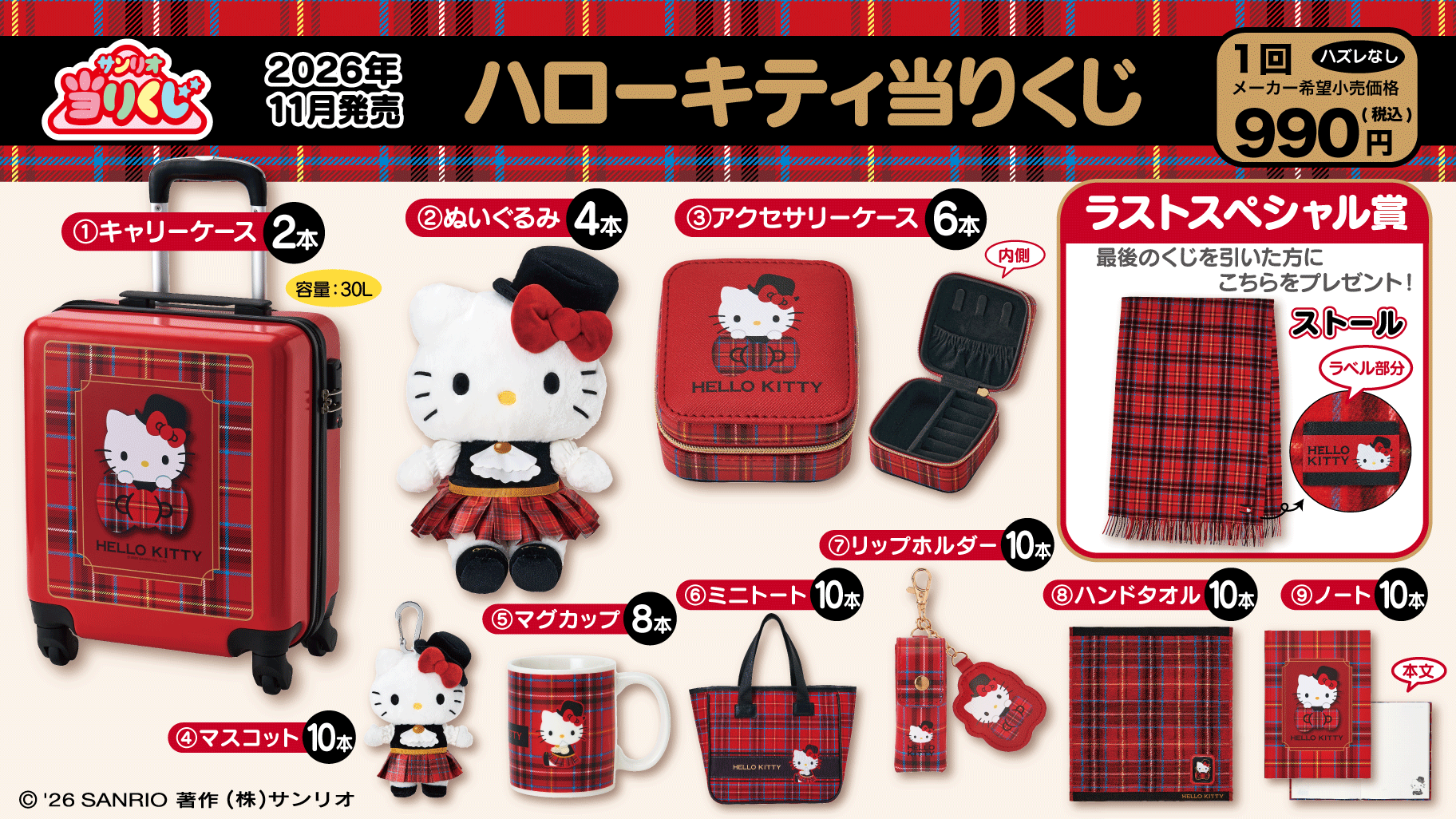 三麗鷗賞2026全新「Hello Kitty Red」冬季格紋主題開抽，行李箱、絨毛娃娃9大獎項豪華登場，最後賞披肩必搶！ - oneone宇宙